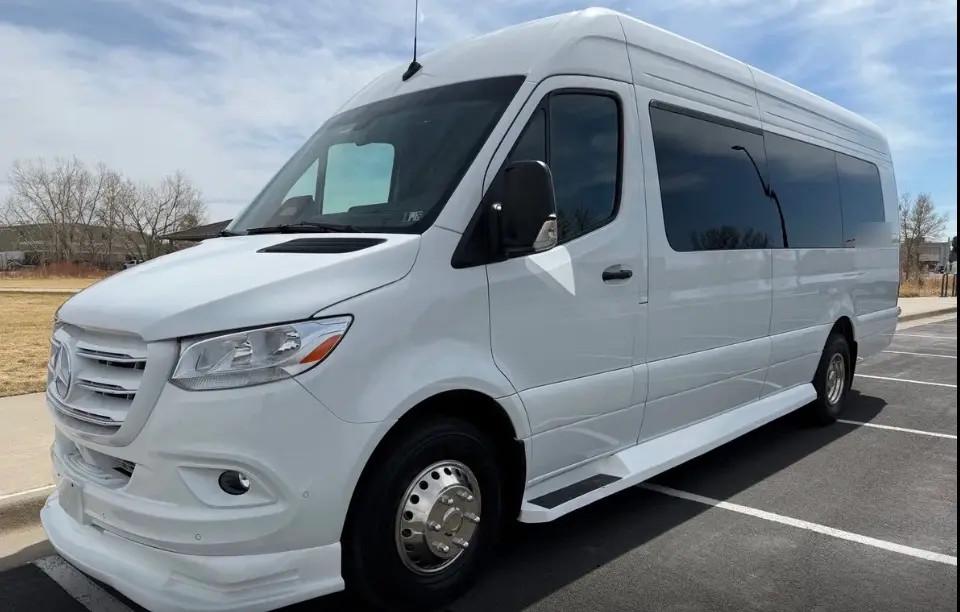Estes Park 16 passenger white Sprinter limo bus