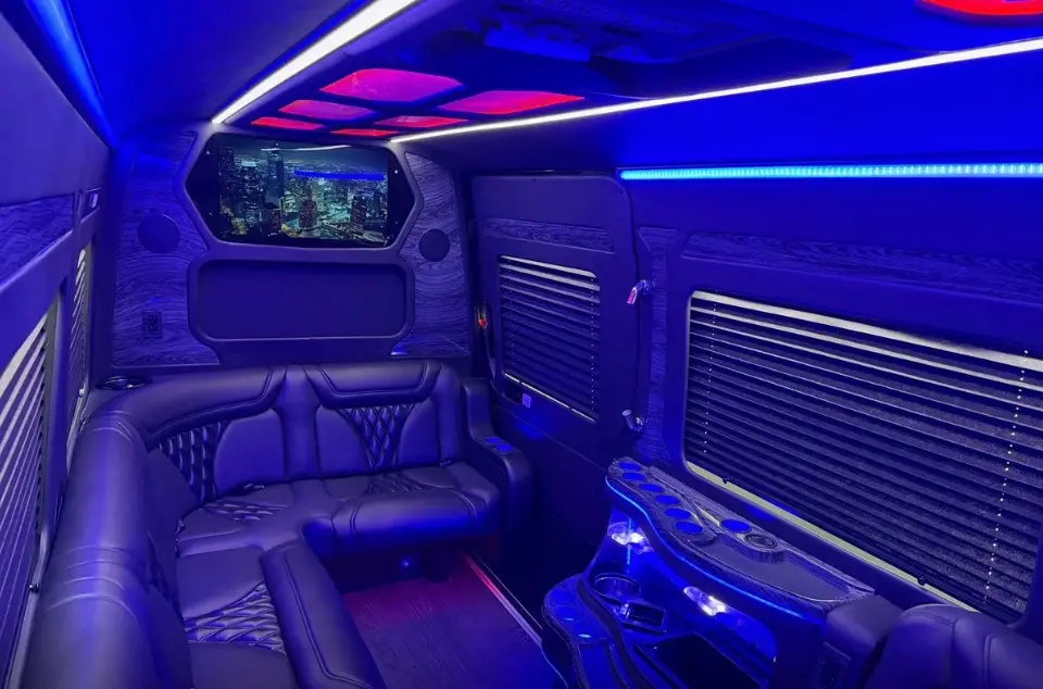 16-Passenger Sprinter Limo Party Bus – L-shaped lounge seating